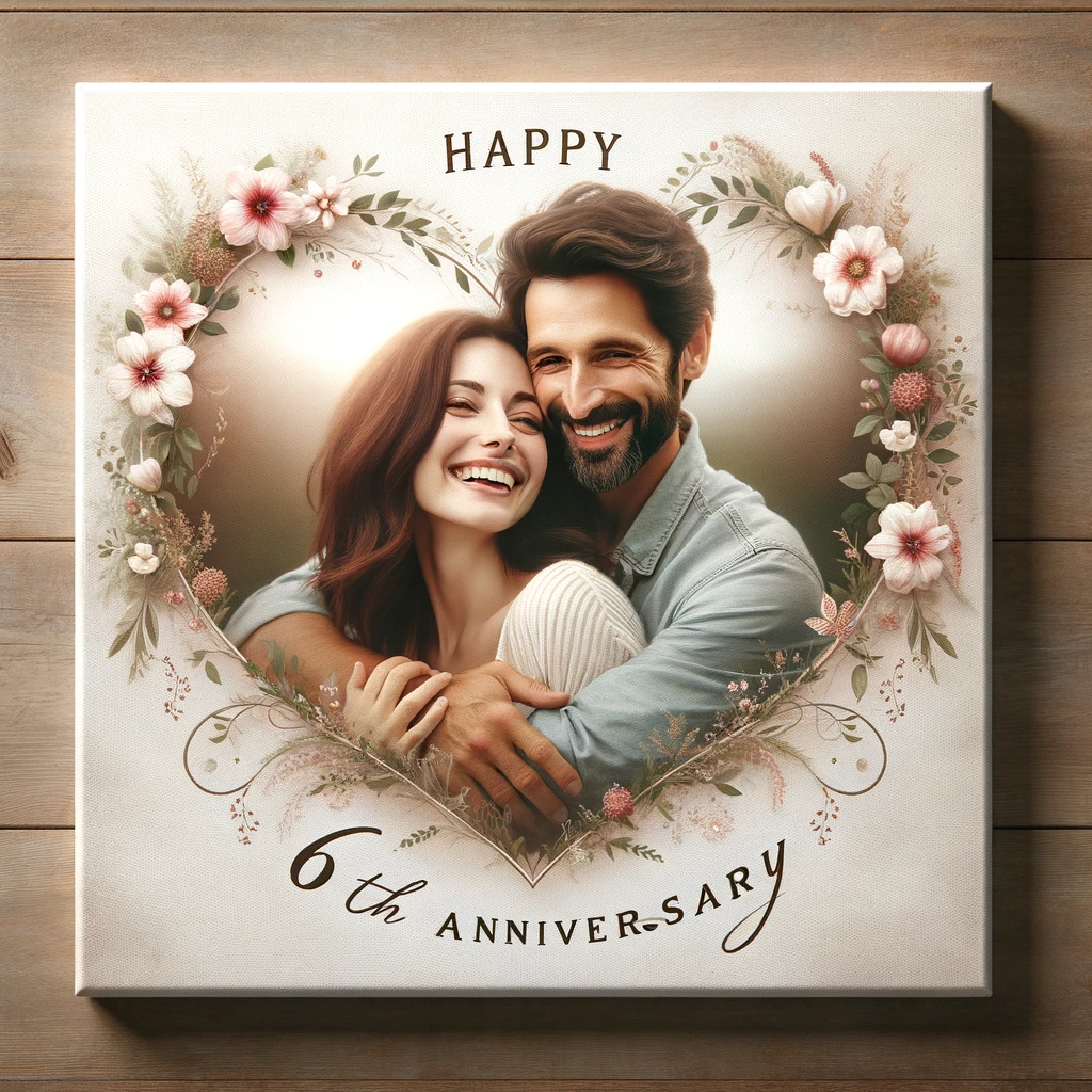 A canvas photo celebrating a couple's 6th anniversary. The image features a loving couple, a Caucasian man and a Hispanic woman, smiling and embracing