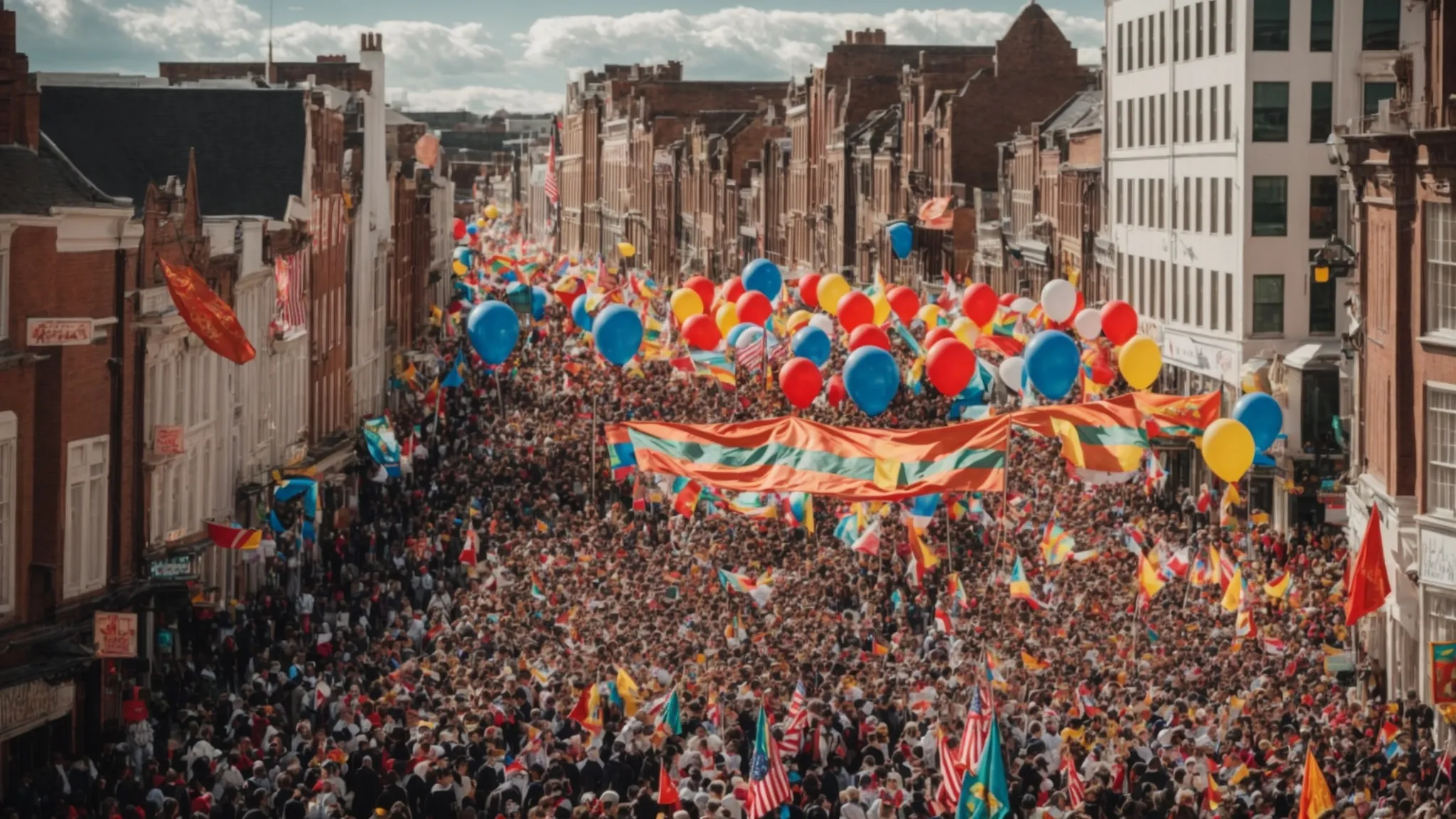 a colorful parade marches down a birmingham street under a bright sky, with fluttering flags and jubilant crowds, capturing the city’s festive spirit.