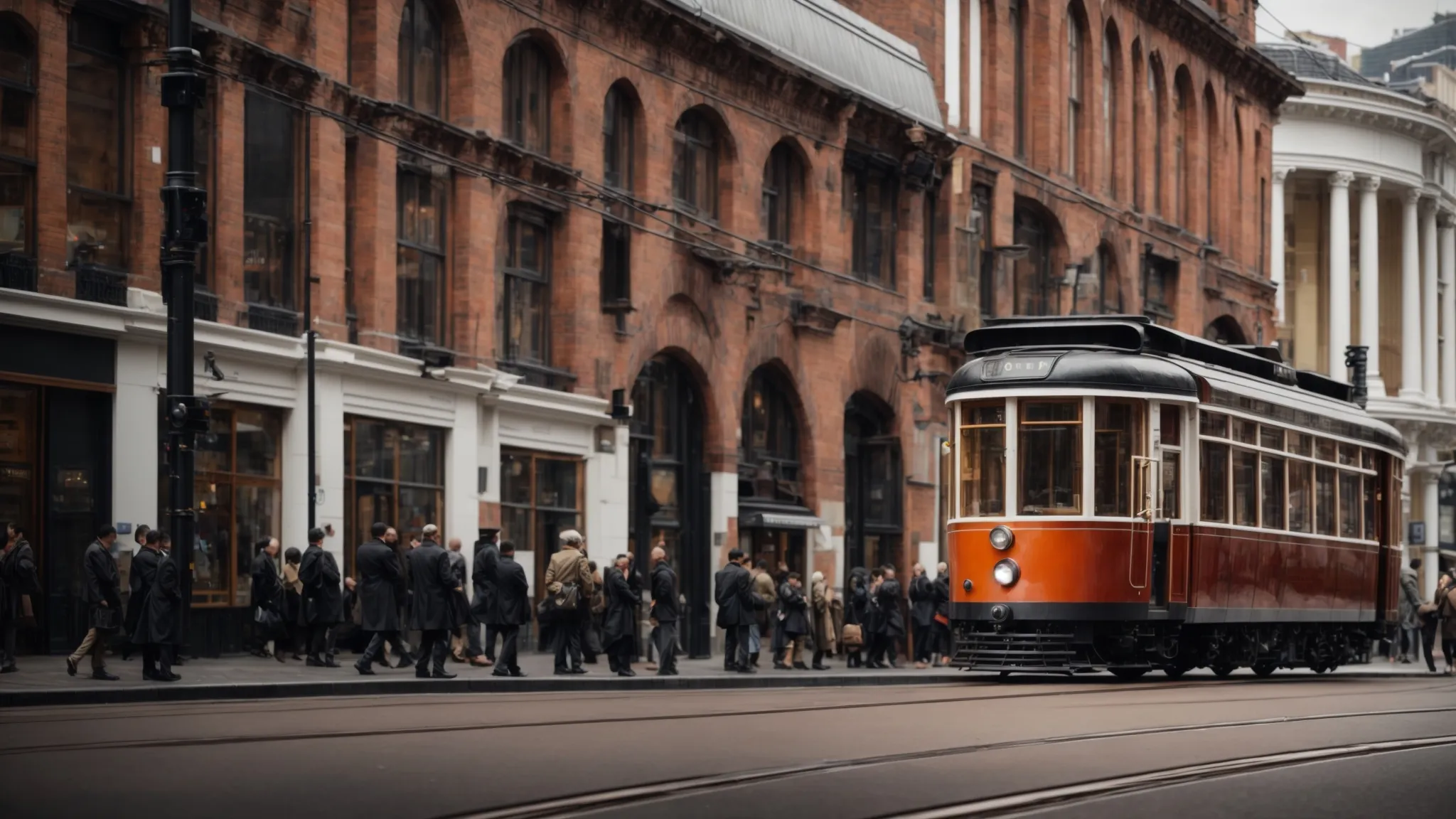 a tram glides past historic buildings on a bustling street in birmingham city centre, capturing the fusion of modern transportation and architectural heritage.