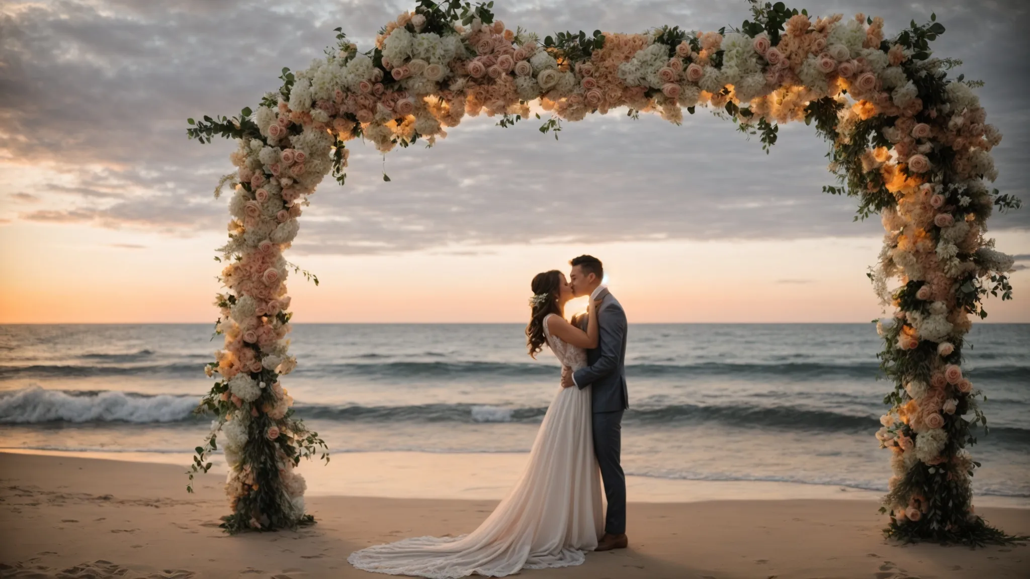 a newlywed couple shares a sunset kiss on a serene beach, with a floral arch framing them and the ocean in the background.