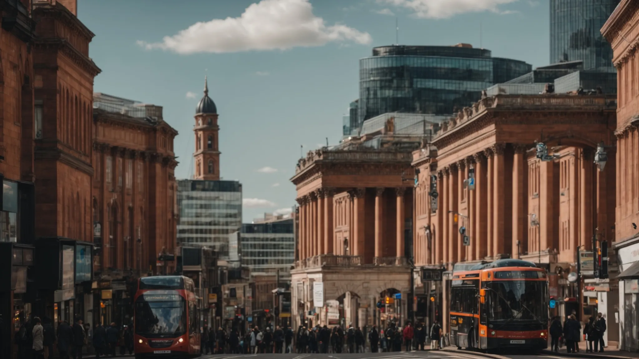 the bustling streets of birmingham city centre alive with diverse architecture, from historic buildings to modern skyscrapers, under a bright sky.