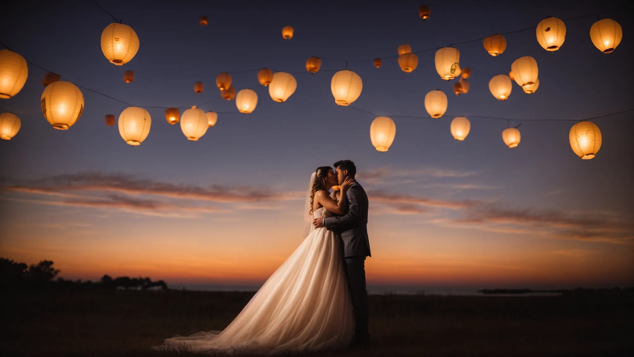 a bride and groom share a romantic kiss under a sunset sky, framed by softly glowing lanterns.