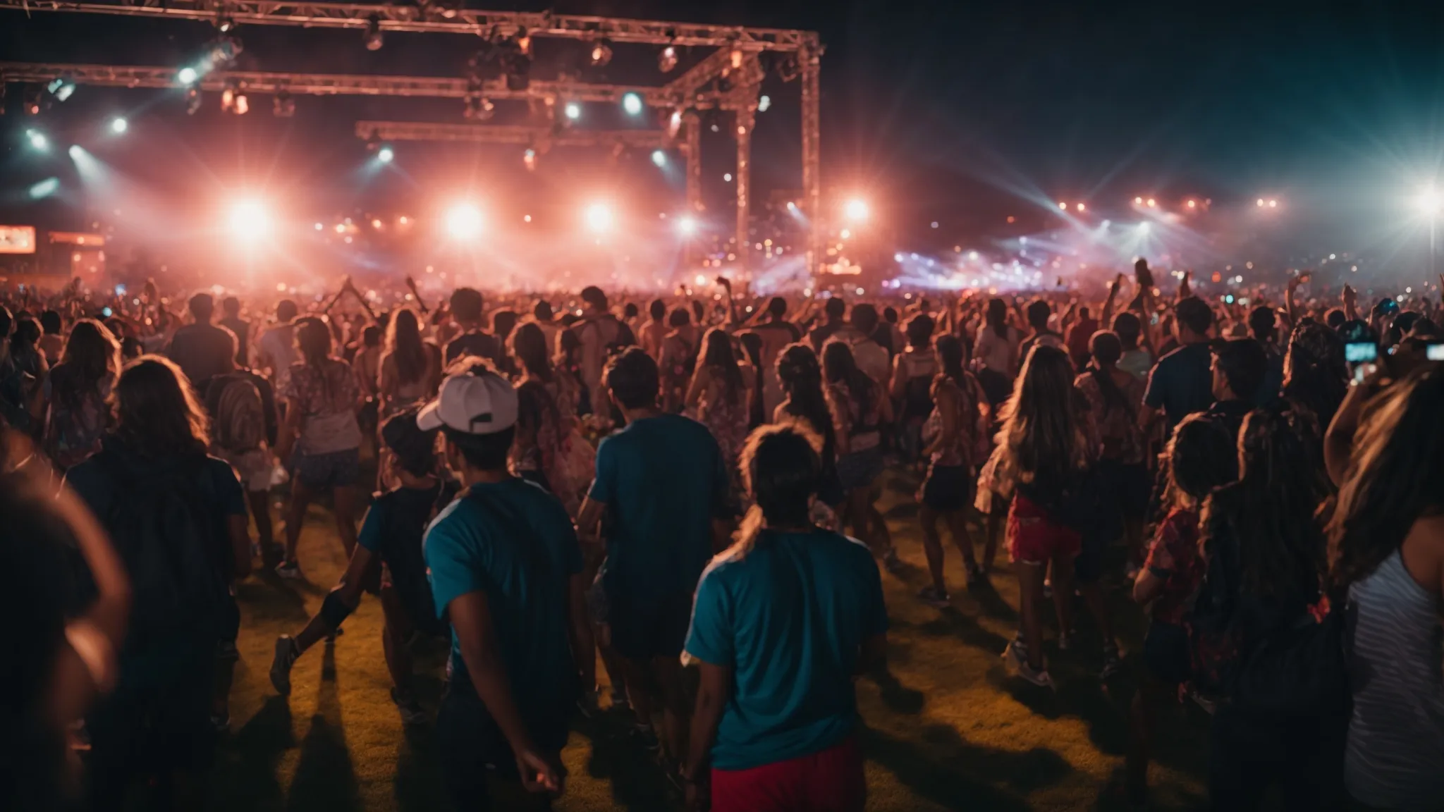 flash illuminates a cheerful crowd dancing under vibrant stage lights at a lively music festival.