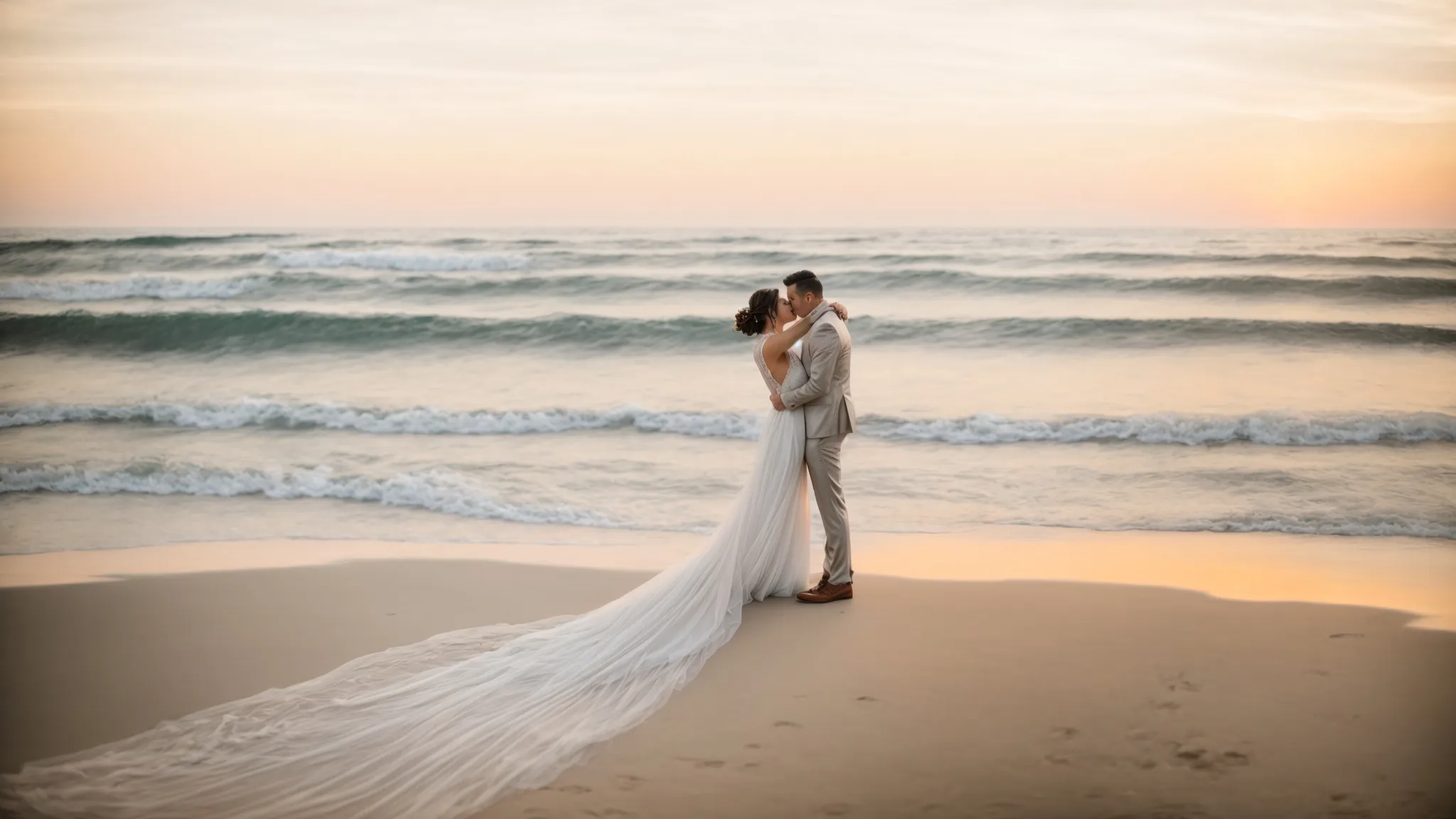 a bride and groom share a sunset kiss on a deserted beach, with the ocean's horizon stretching infinitely behind them.