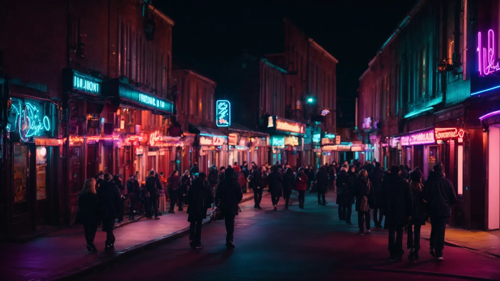 a vibrant street in birmingham illuminated by neon lights from bars and live music venues, with people moving towards the enticing glow.