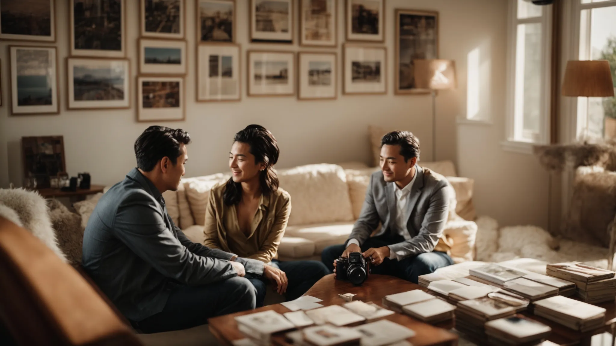 a couple is engaging in a relaxed and warm conversation with a photographer in a cozy, sunlit studio surrounded by wedding albums and cameras.