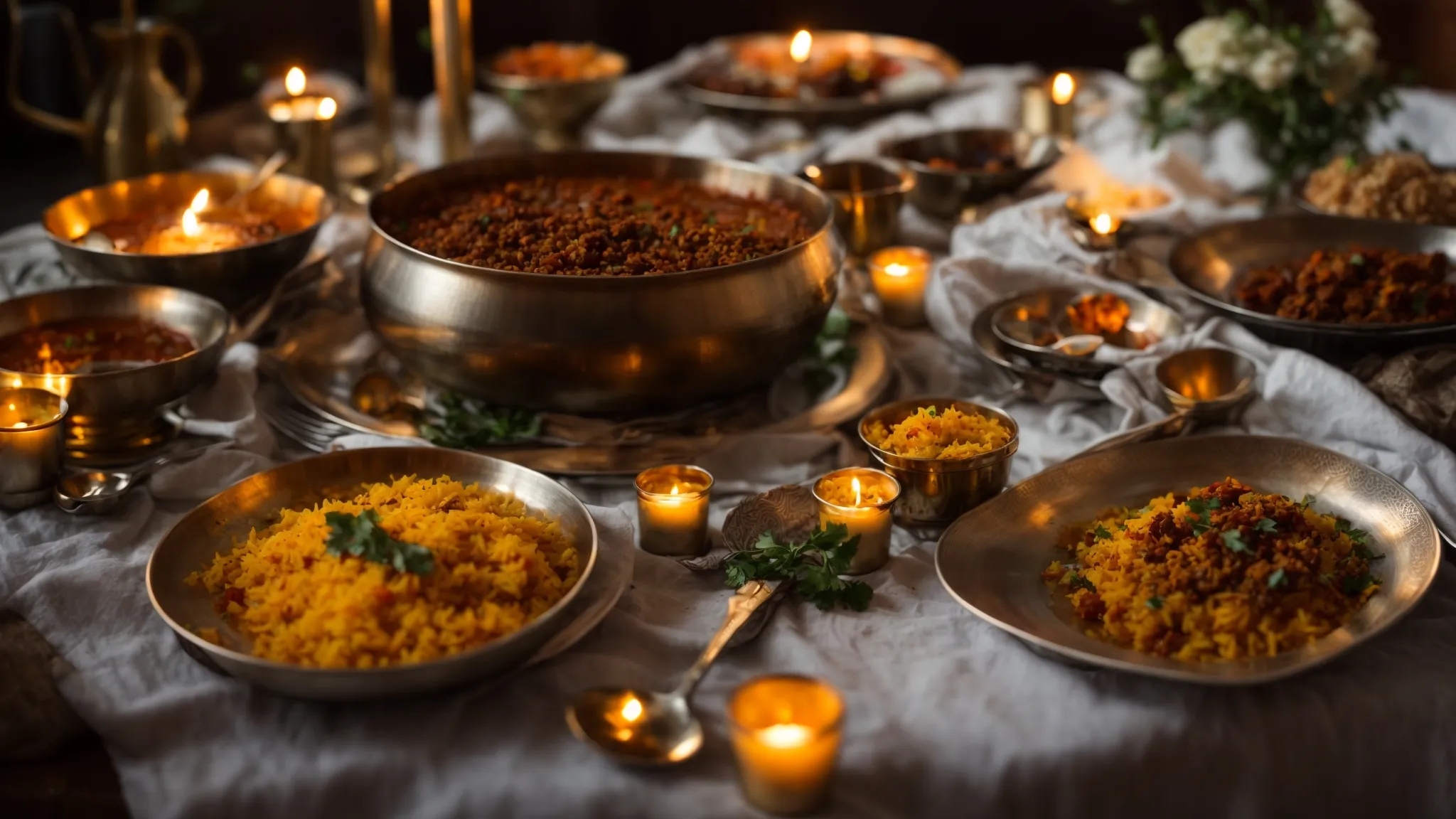 a table adorned with elegantly plated dishes that blend indian spices with western culinary staples, surrounded by softly glowing candles, embodying a harmonious fusion of cultures.