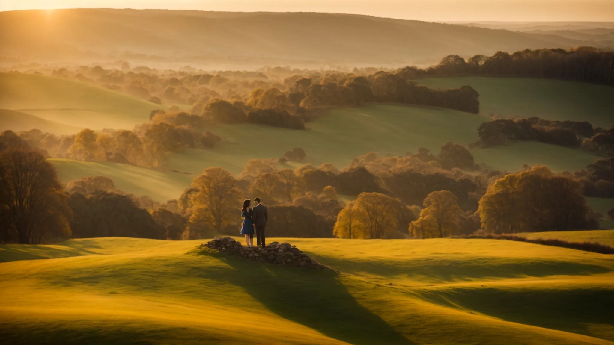 a couple embraces softly as the sun casts a warm, golden glow over dudley's picturesque landscape at sunset.