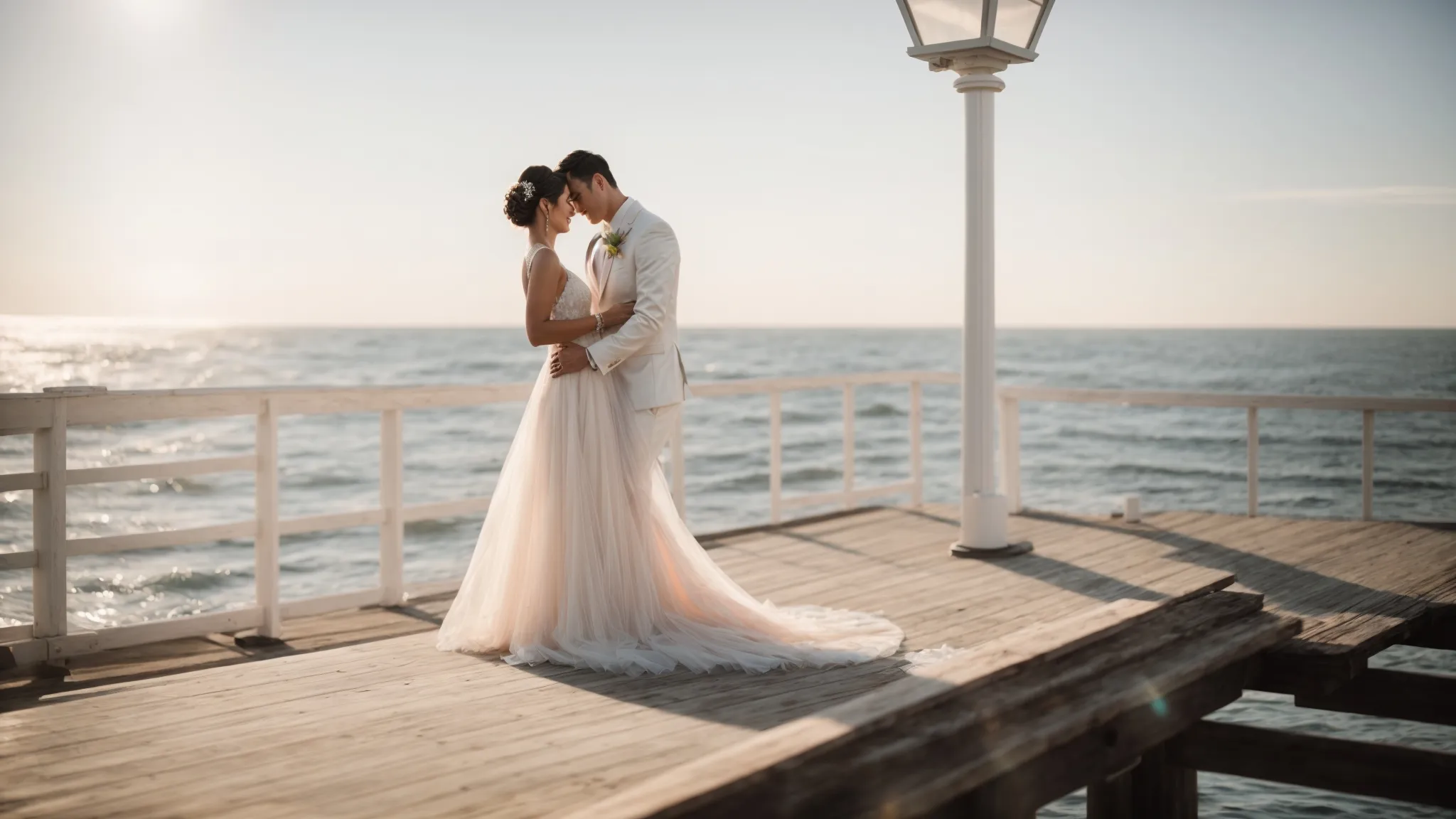 a bride and groom share a tender moment on a sunlit pier with the ocean as their backdrop.