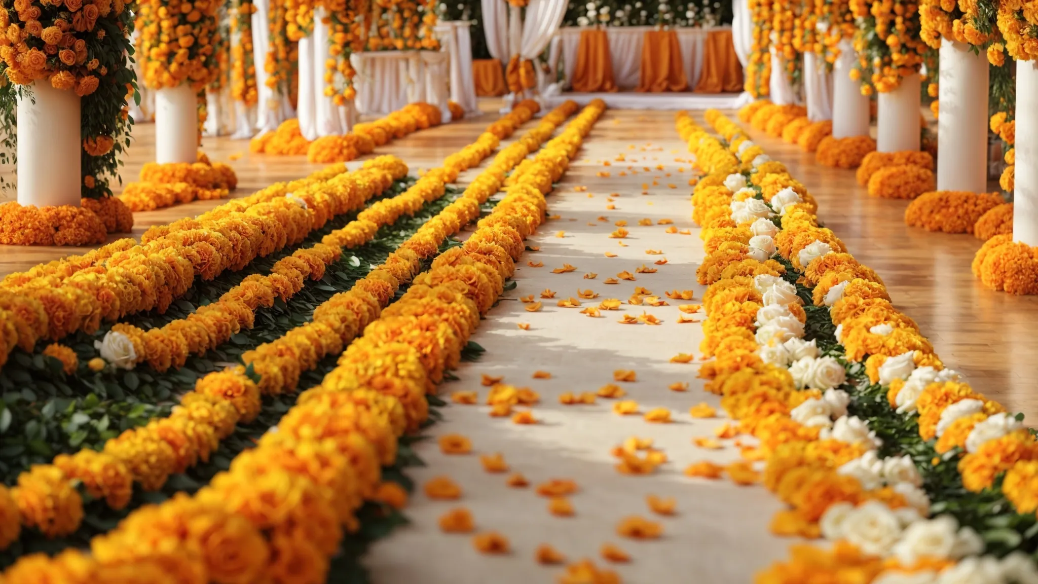 a vibrant mix of marigold garlands and white roses adorning an elegantly set wedding aisle, bridging indian vibrancy with western elegance.