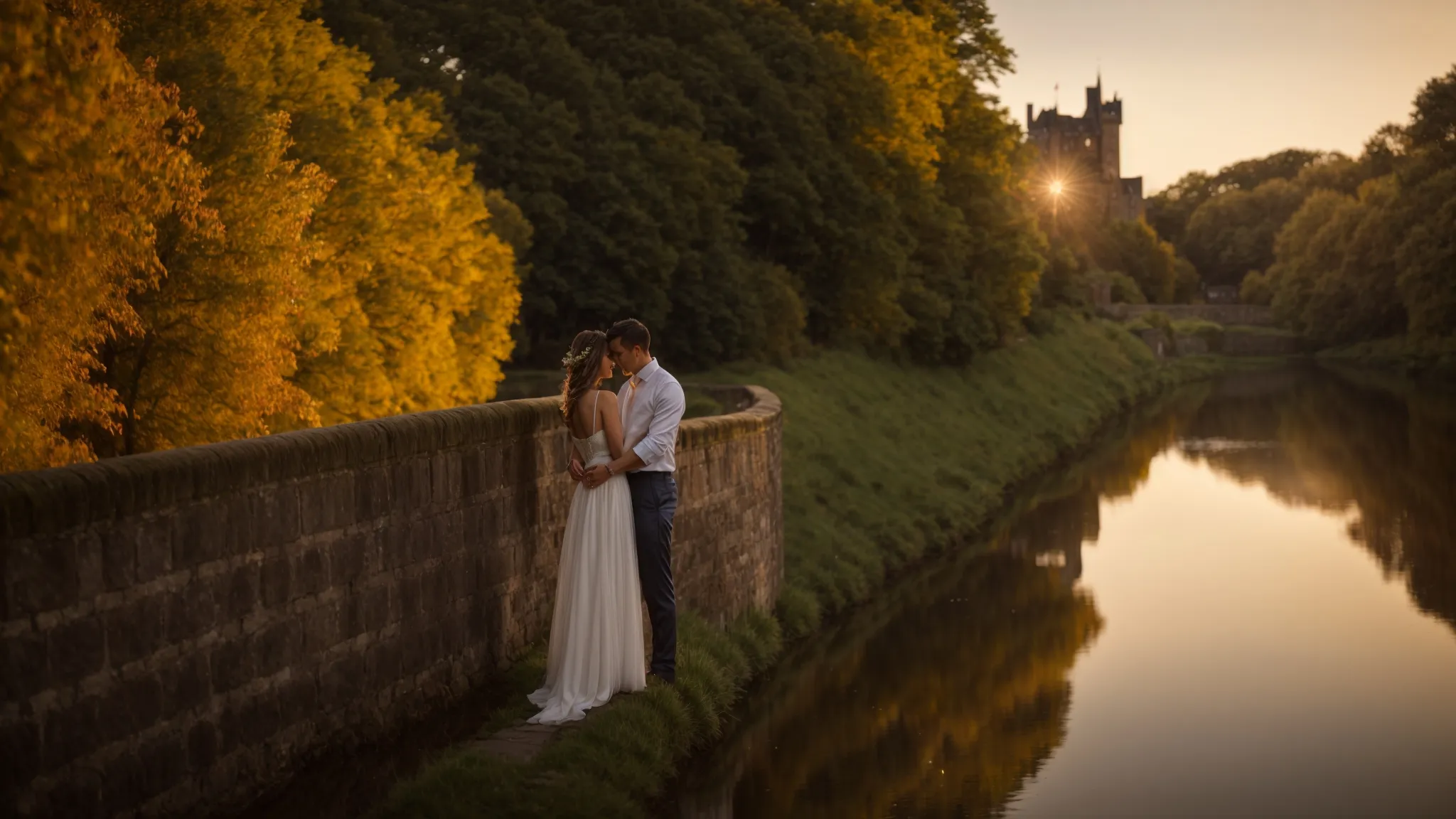 a couple embraces softly in front of the serene waters of the dudley canal, with the castle silhouetted against the sunset in the background.