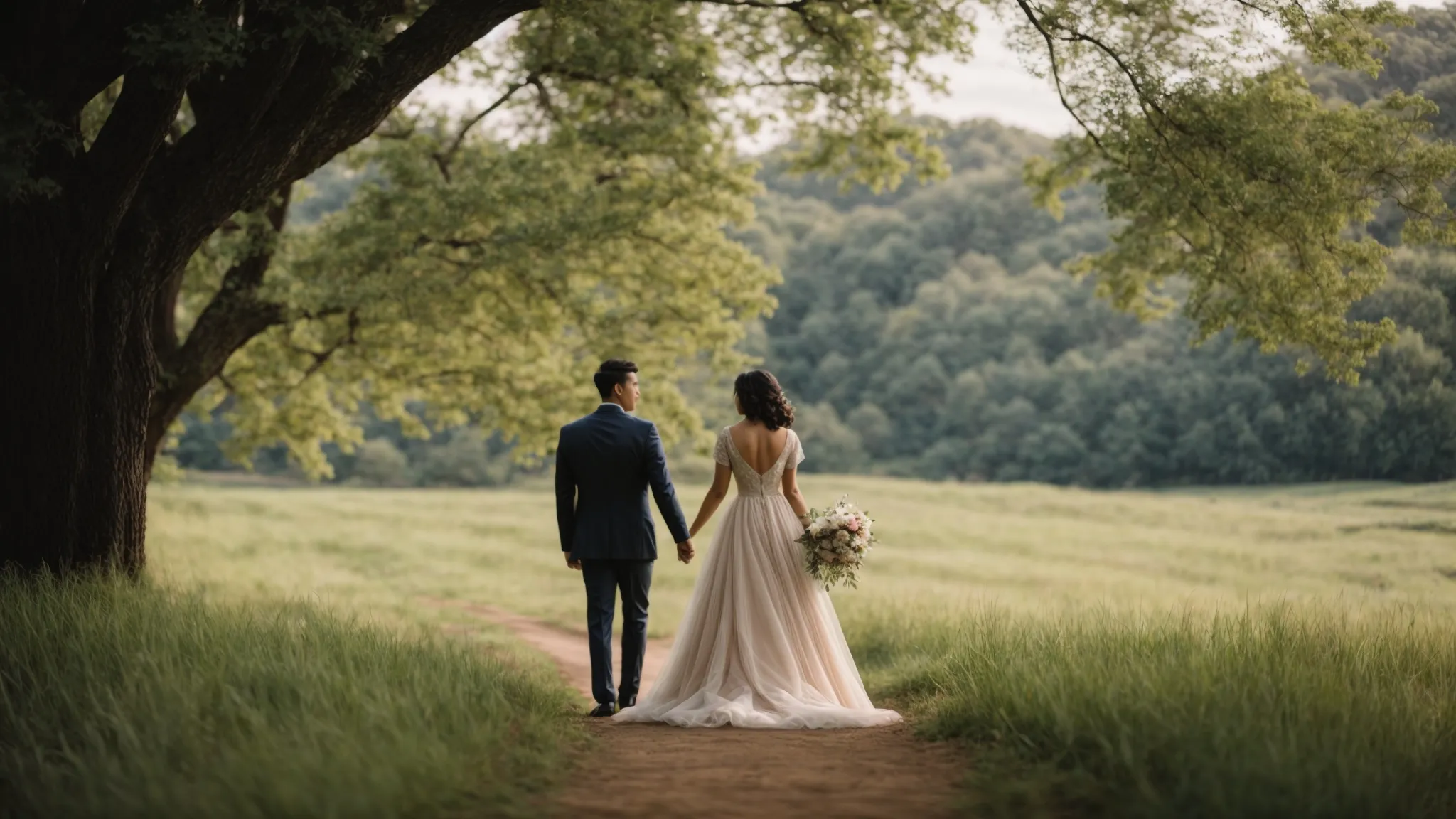 a couple, elegantly dressed, stands hand-in-hand amidst the serene countryside, their attire blending seamlessly with the natural backdrop.