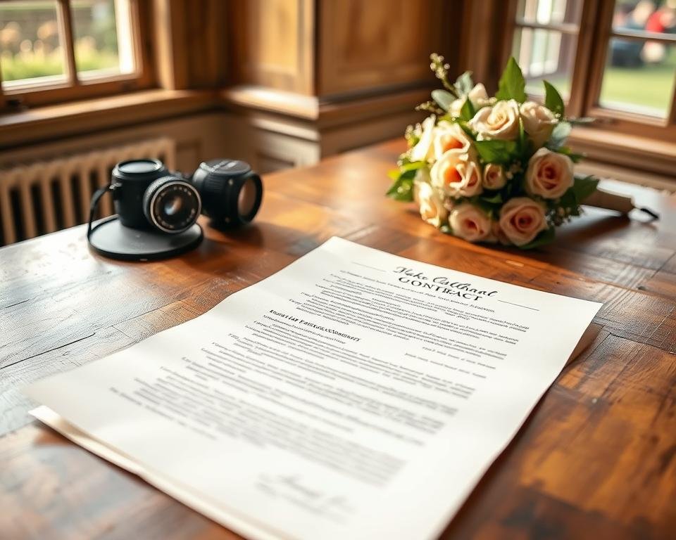 A delicate wedding photography contract sits atop a beautifully weathered oak desk, its pages illuminated by soft, natural light streaming in through large windows. The contract's intricate details are visible, with elegant calligraphy and carefully considered terms. In the background, a pair of vintage camera lenses and a bouquet of fresh, fragrant flowers add a romantic touch, hinting at the joyous occasion the contract represents. The overall scene conveys a sense of timeless elegance and attention to detail, reflecting the importance of thoroughly understanding the photography agreement for a memorable London wedding. A delicate wedding photography contract sits atop a beautifully weathered oak desk, its pages illuminated by soft, natural light streaming in through large windows. The contract's intricate details are visible, with elegant calligraphy and carefully considered terms. In the background, a pair of vintage camera lenses and a bouquet of fresh, fragrant flowers add a romantic touch, hinting at the joyous occasion the contract represents. The overall scene conveys a sense of timeless elegance and attention to detail, reflecting the importance of thoroughly understanding the photography agreement for a memorable London wedding.