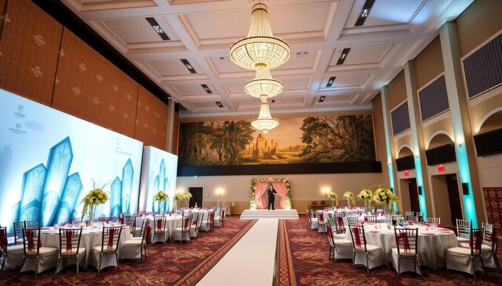 Birmingham Museum &amp; Art Gallery decorated for an elegant Asian wedding reception