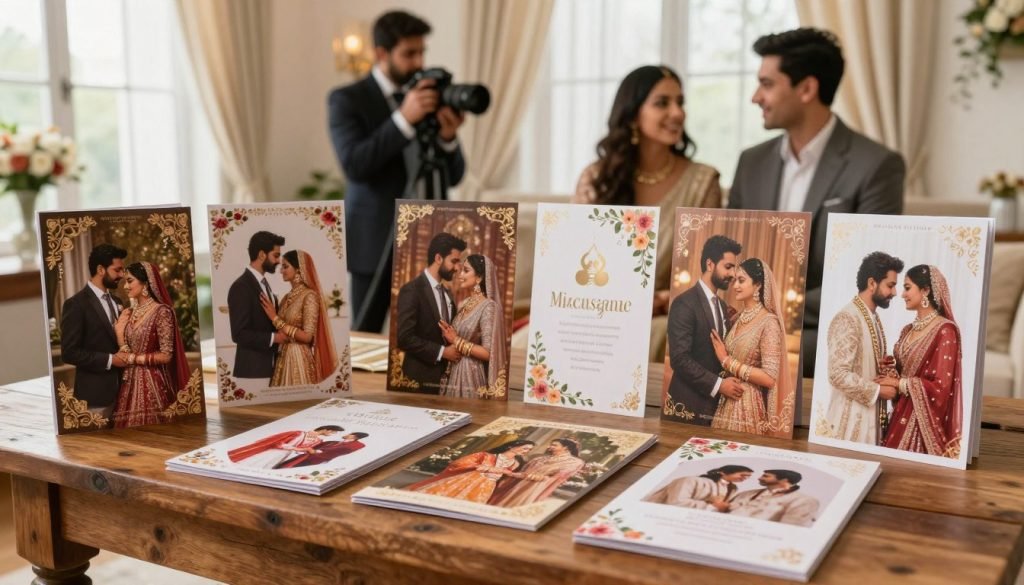 A beautifully arranged collection of customized wedding photography package brochures displayed on a rustic wooden table. In the foreground, there are elegant brochures showcasing stunning images of Indian weddings, adorned with intricate floral designs and gold accents, each reflecting diverse themes. The middle ground features a professional photographer in business attire discussing the packages with a smiling modern couple, emphasizing engagement and personal connection. The background has soft, diffused lighting coming from large windows, creating a warm and inviting atmosphere, with wedding decor elements such as soft drapes and floral arrangements enhancing the setting. The overall mood is romantic, informative, and personalized, ideal for modern couples planning their wedding. Use a wide-angle lens to capture the whole scene effectively.