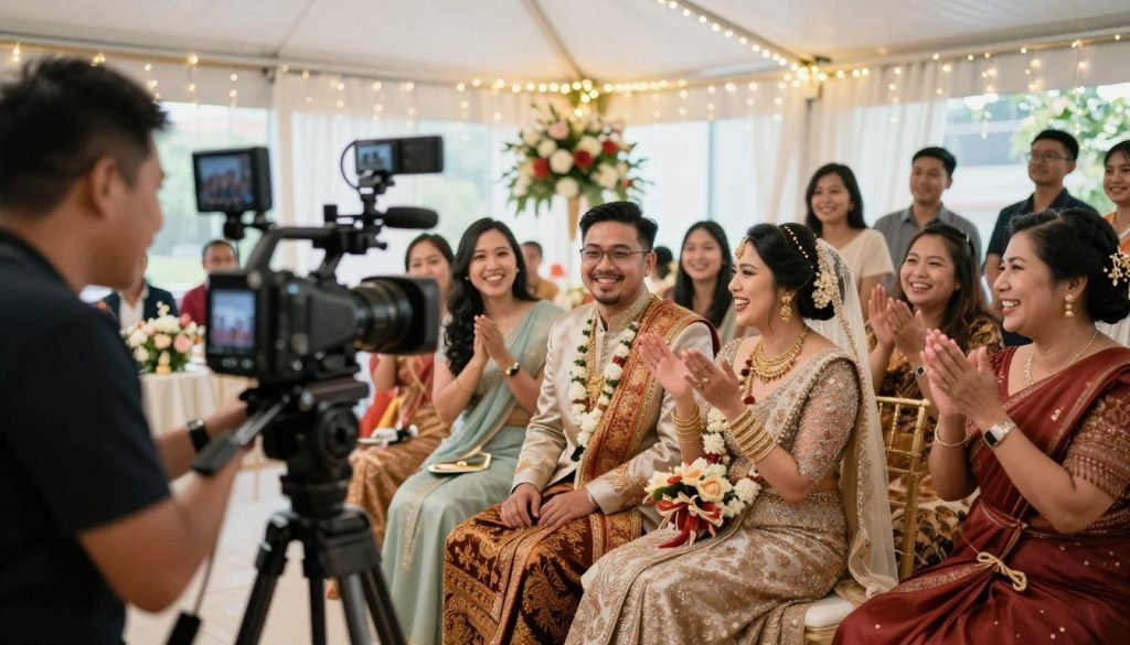 A cinematic wedding scene featuring a vibrant Asian wedding celebration in Birmingham. In the foreground, a professional videographer from Ikonic Media Solutions captures the joyous moments, equipped with a high-end camera on a tripod. The middle ground showcases the elegantly adorned bride and groom, dressed in exquisite traditional attire, surrounded by friends and family expressing happiness. The background highlights a beautifully decorated venue with fairy lights and floral arrangements, creating a warm and inviting atmosphere. Soft, natural lighting bathes the scene, enhancing the emotions of love and celebration. The angle captures the dynamic interaction between the couple and their guests, with a slight depth of field focus on the couple, embodying a romantic and celebratory mood.
