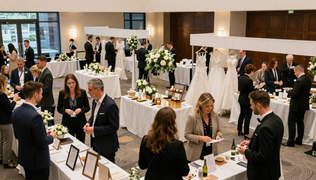 A modern wedding venue bustling with activity, showcasing a vibrant wedding fair in the foreground. In professional business attire, diverse couples explore various wedding services, discussing options with friendly vendors at beautifully decorated booths. The middle ground features elegantly set tables adorned with floral arrangements, catering displays, and wedding attire. In the background, soft, warm lighting filters through large windows, highlighting the grandeur of the venue. The atmosphere is lively and optimistic, conveying the economic significance of the wedding industry and its impact on the hospitality sector, with subtle hints of collaboration and celebration. The scene is captured with a wide-angle lens, ensuring depth and vibrancy, with a focus on conveying community engagement and industry growth.