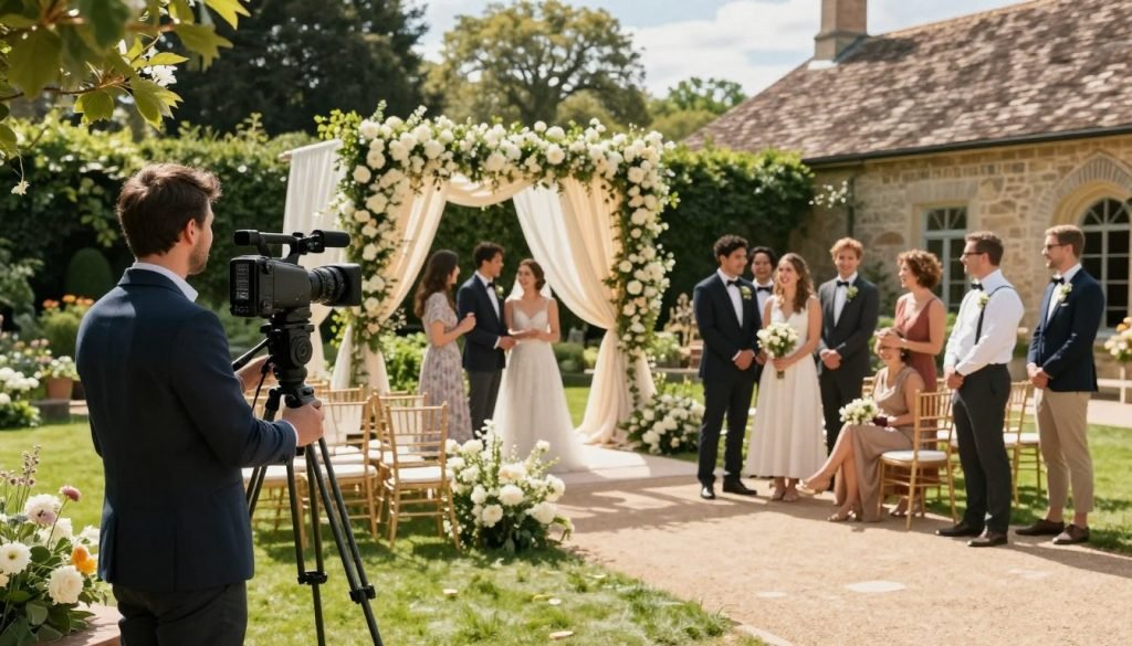 A serene wedding photography and videography scene showcasing the service areas of Ikonic Media Solutions. In the foreground, a professional videographer is setting up a camera on a tripod, dressed in smart business attire. In the middle ground, a beautiful outdoor wedding venue is adorned with elegant floral arrangements and soft draping, as guests in modest, formal attire gather joyfully around. The background features a picturesque setting, like a lush garden or a charming historical building, under bright, warm sunlight that casts soft shadows. The overall mood radiates happiness and professionalism, conveying a sense of tailored wedding packages and exceptional service areas. The angle captures the vibrant atmosphere with an artistic touch, while ensuring all elements are harmonious and cohesive.