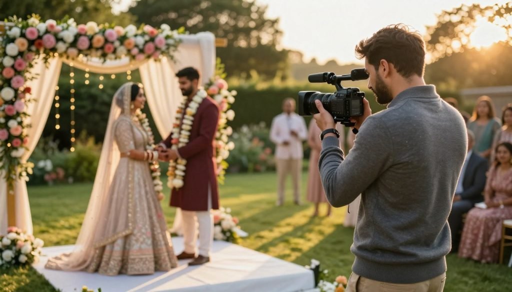 An elegant wedding scene showcasing optional videography services. In the foreground, a skilled videographer in smart casual attire operates a professional camera, capturing the couple exchanging vows at an outdoor wedding ceremony. The middle ground features a beautifully decorated altar adorned with pastel flowers and fairy lights. In the background, lush greenery and softly blurred guests are enjoying the intimate atmosphere. The golden hour sunlight bathes the scene in a warm, romantic glow, casting long shadows and enhancing the vibrant colors. The lens should have a slight bokeh effect, drawing attention to the videographer&rsquo;s focus on the couple while conveying the joyful ambiance of an Indian wedding celebration in the UK. The overall mood is cheerful, intimate, and cinematic.