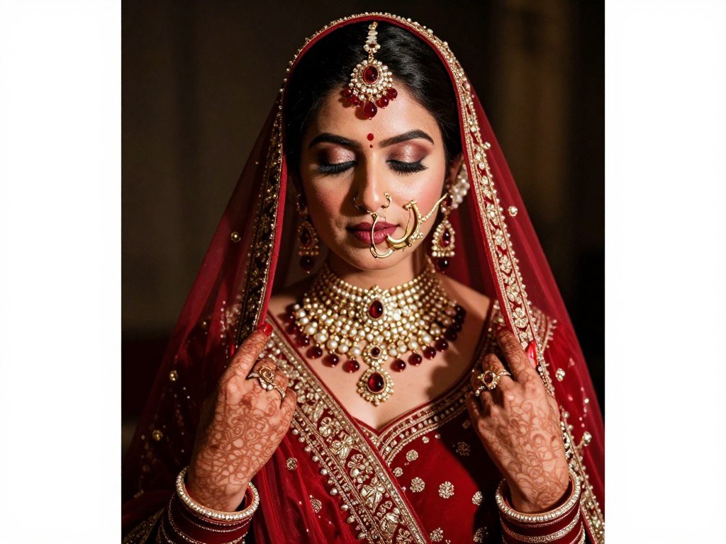 A bride in red with ornate jewellery photographed in directional light