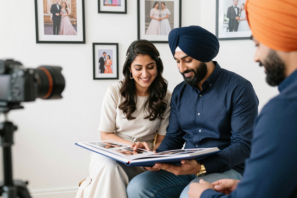 Happy Sikh couple with their wedding photographer in Birmingham reviewing their album