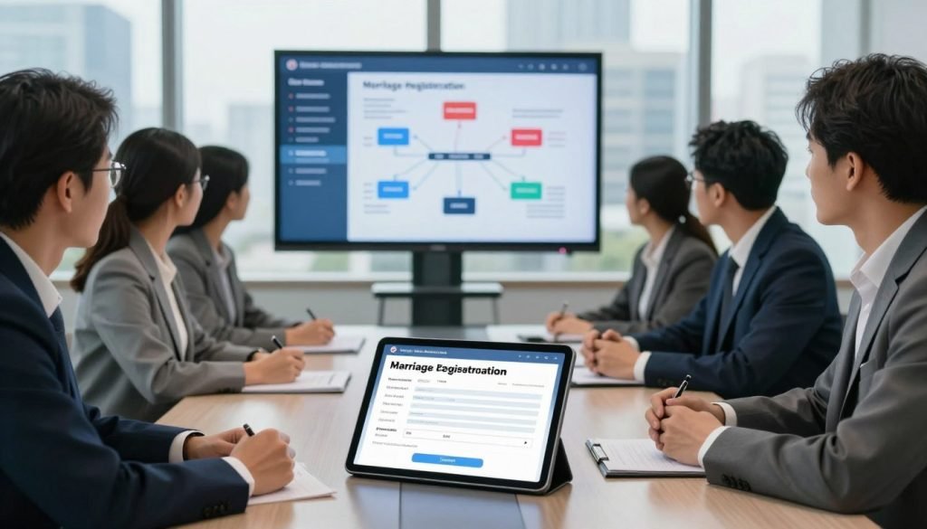In a modern office setting, a diverse group of professionals in business attire is gathered around a sleek conference table, discussing digital innovations in marriage registration. The foreground features a digital tablet displaying a marriage registration form with interactive features. In the middle, a large screen shows data visualizations and digital flowcharts illustrating the advantages of online registration processes. The background features large windows with city views, softly diffused natural light illuminating the room. The mood is collaborative and forward-thinking, emphasizing the seamless integration of technology in marriage registration. The image conveys a sense of progress and professionalism, capturing the essence of digital transformation in legal processes.