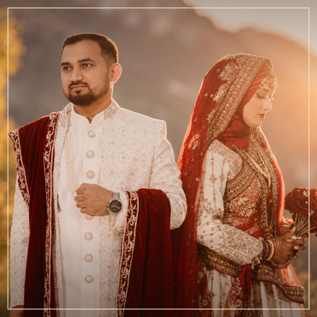 Bride and groom in red and ivory wedding outfits at sunset - Birmingham wedding photographer Ikonic Media