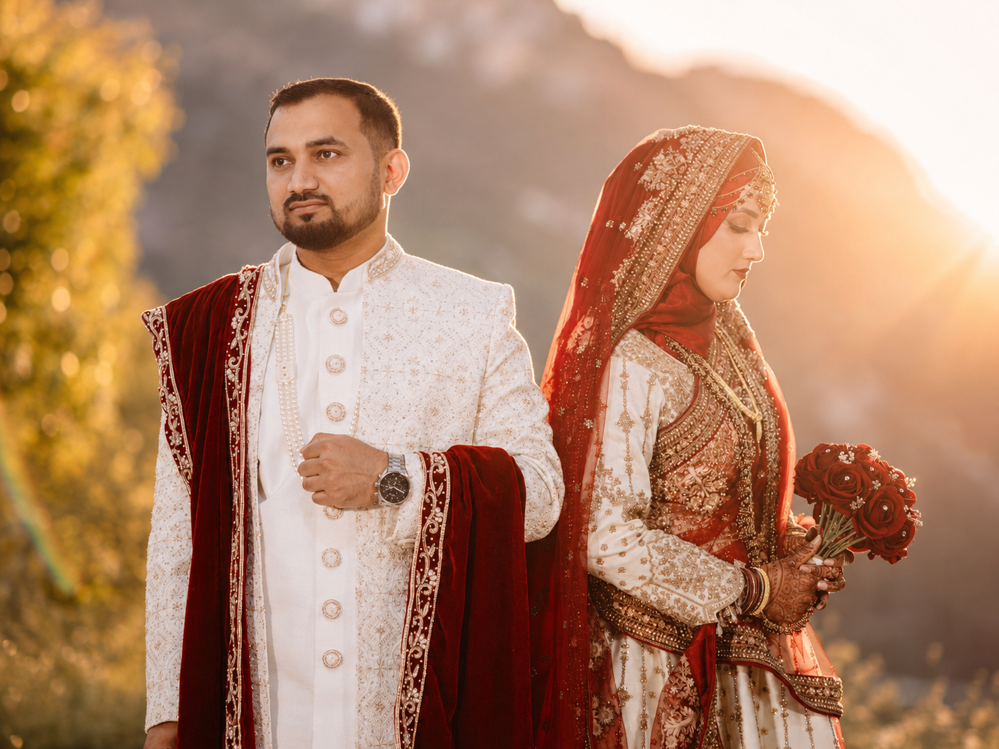 Bride and groom standing back to back in red and ivory wedding outfits at sunset