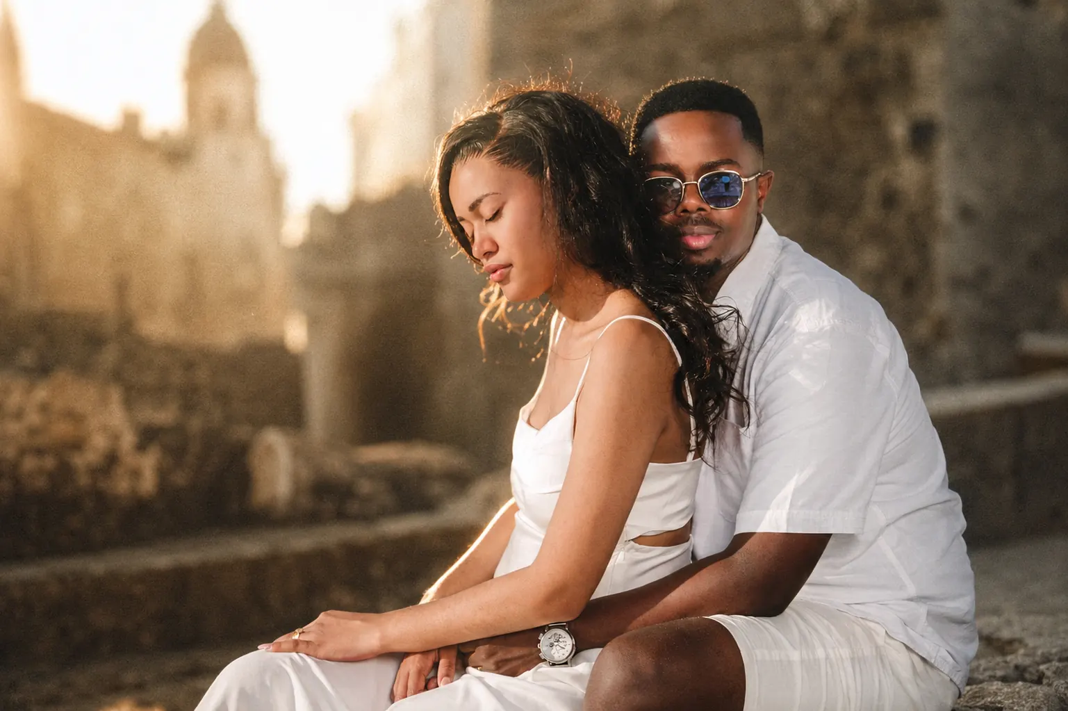 Cinematic seated portrait of an engaged couple in soft sunset light