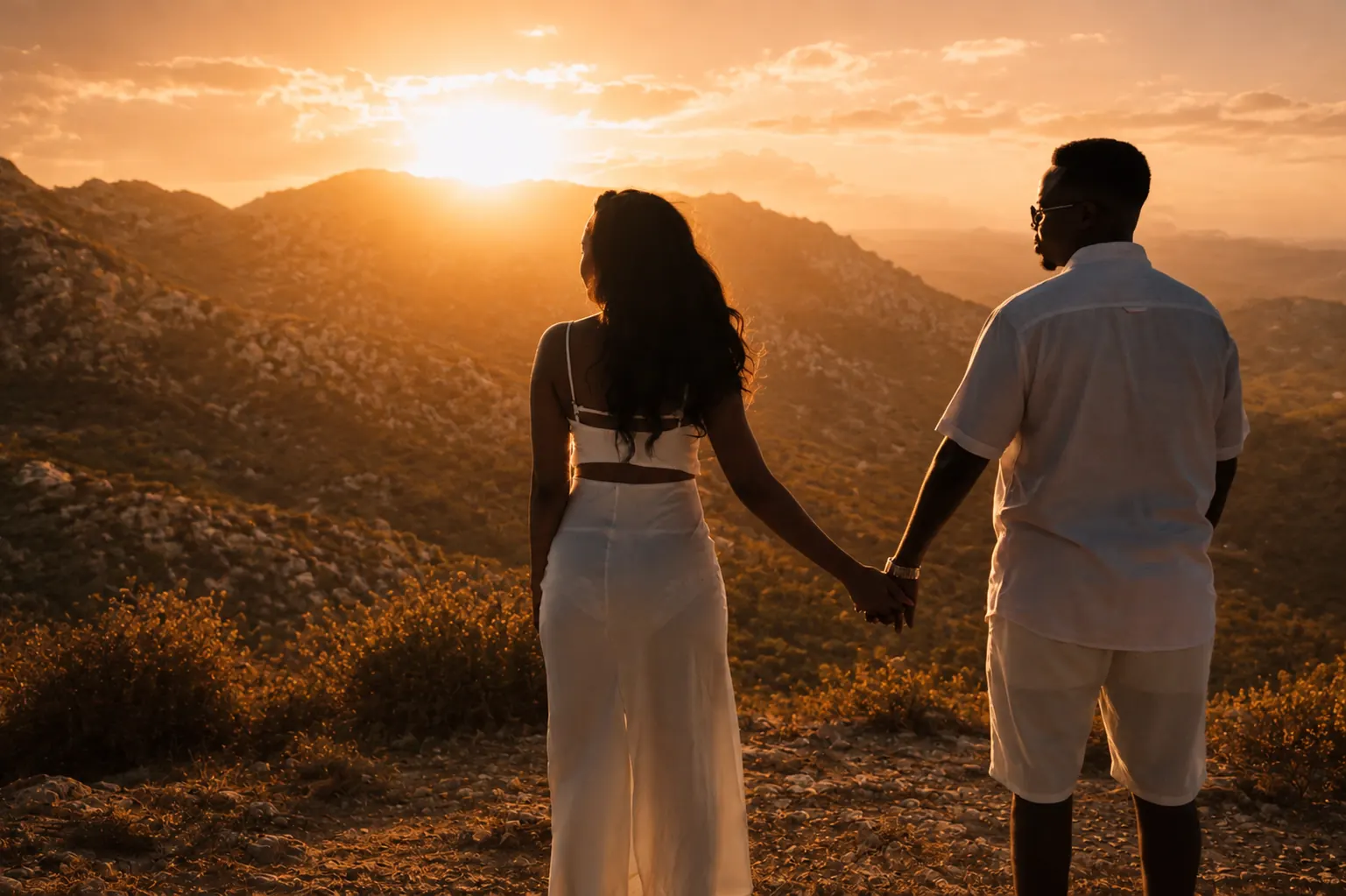 Engaged couple holding hands while watching a warm sunset over the hills