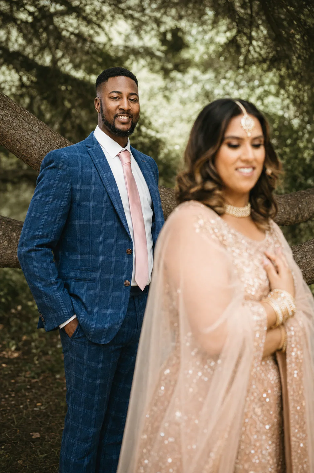 Multicultural wedding couple posing outdoors in the West Midlands