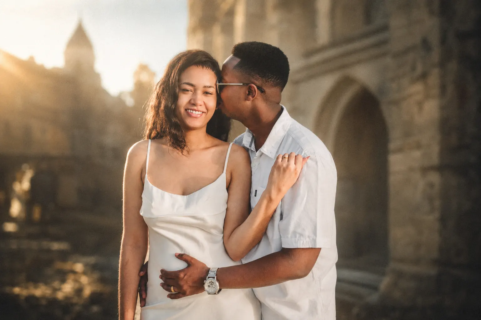 Couple smiling together beside historic stone architecture in golden light