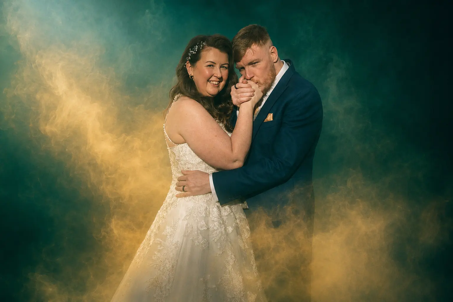 Bride and groom sharing a cinematic portrait in coloured smoke