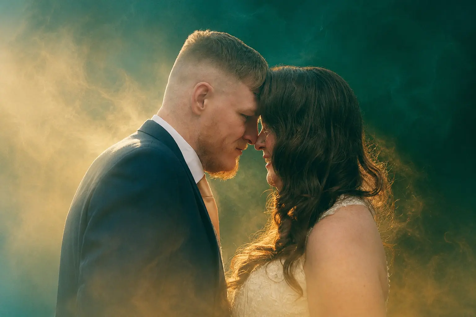 newlyweds touching foreheads during a creative portrait