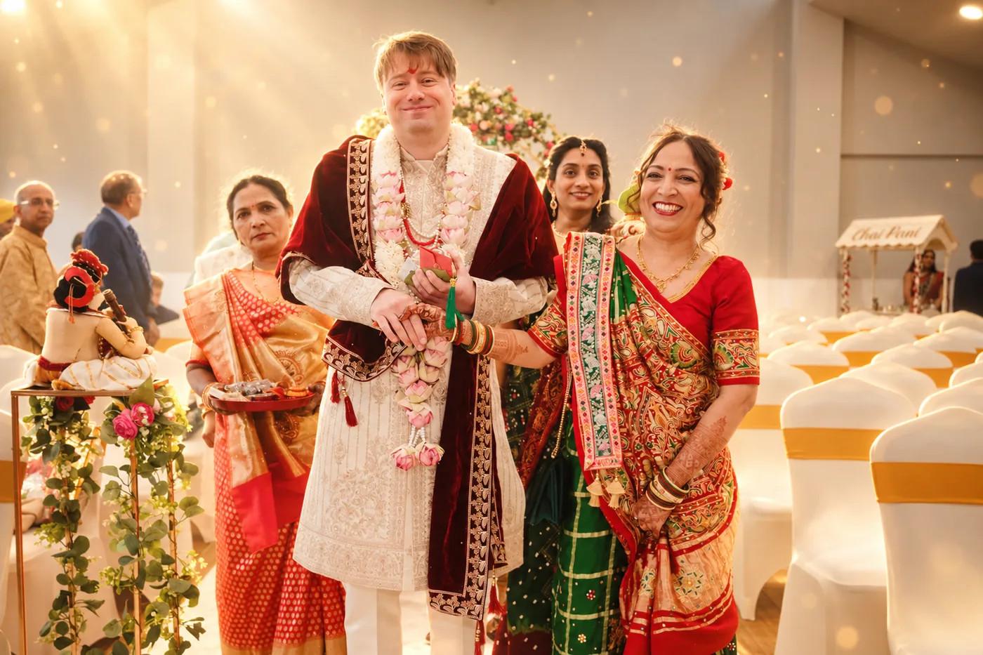 Groom arriving with his mother and family before a Hindu wedding ceremony near Birmingham