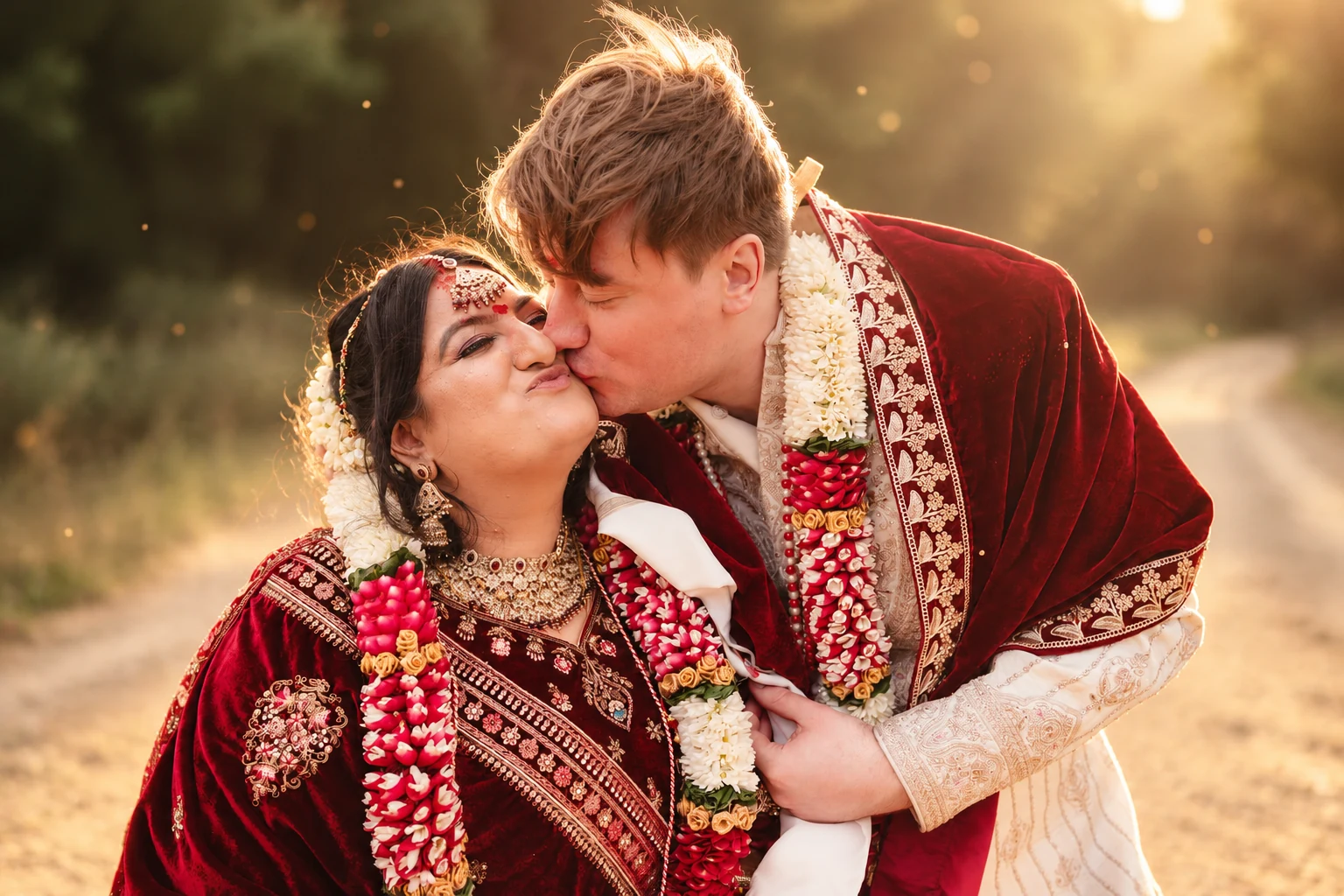 Couple embracing at golden hour on their wedding day