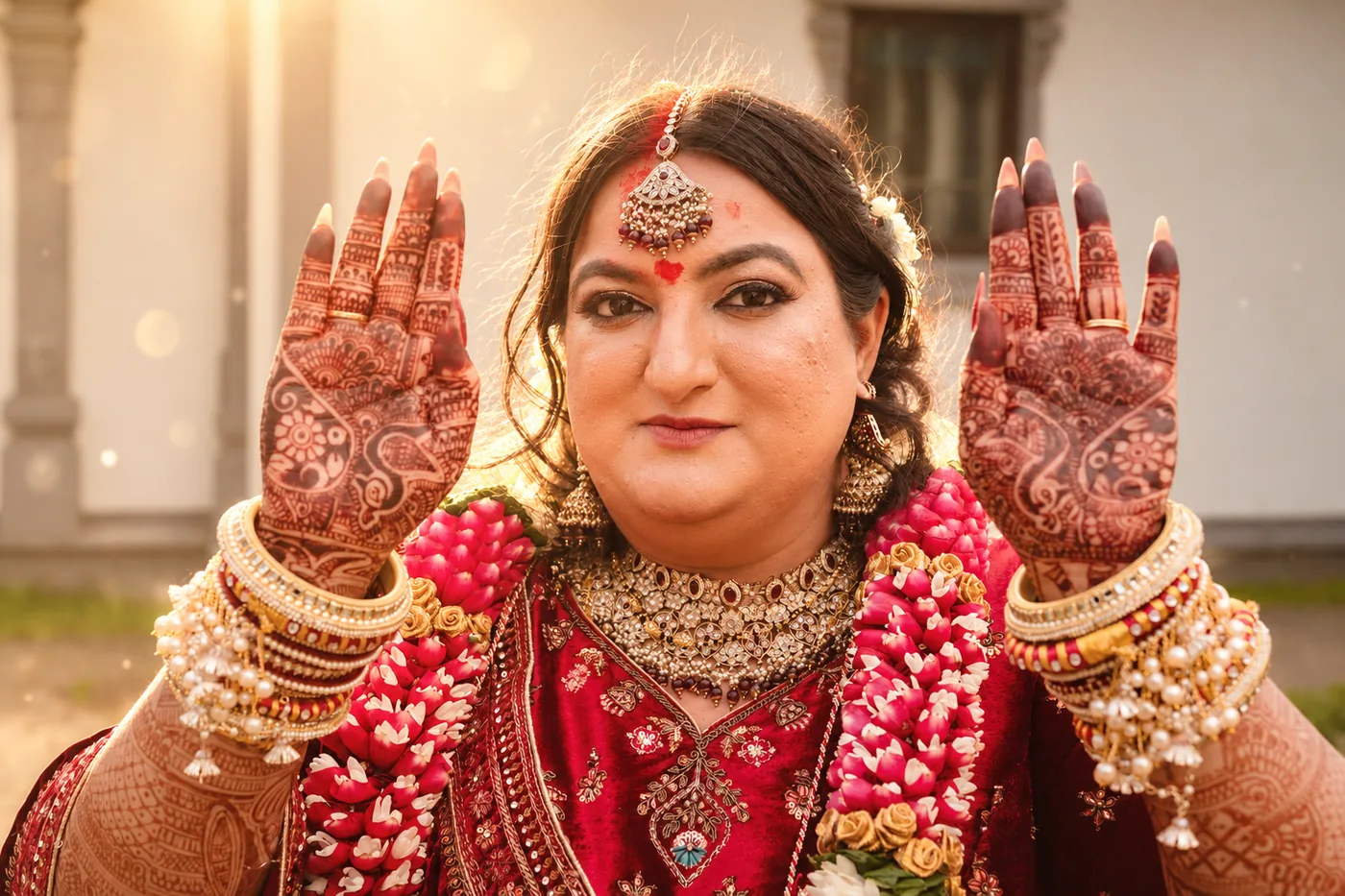 Hindu bride showing her bridal mehndi henna designs in golden evening light in Birmingham