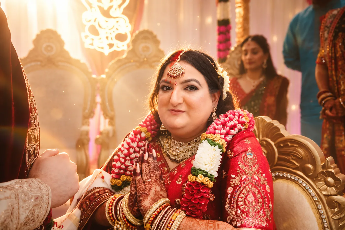 Hindu bride with hands folded in prayer during her wedding ceremony near Birmingham