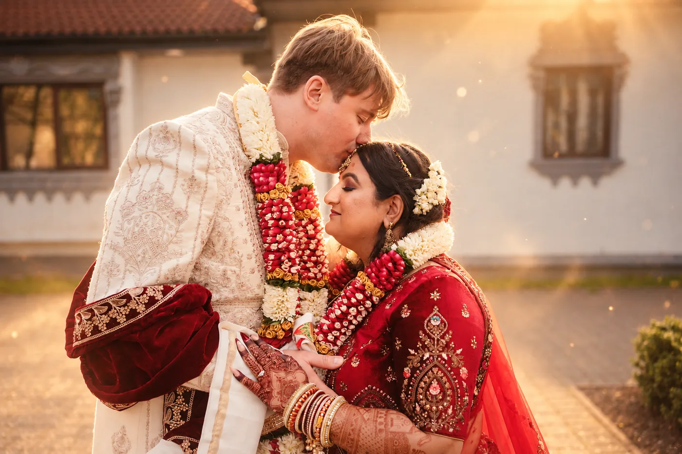 Groom kissing his bride's forehead during couple portraits outside the temple after their Hindu wedding