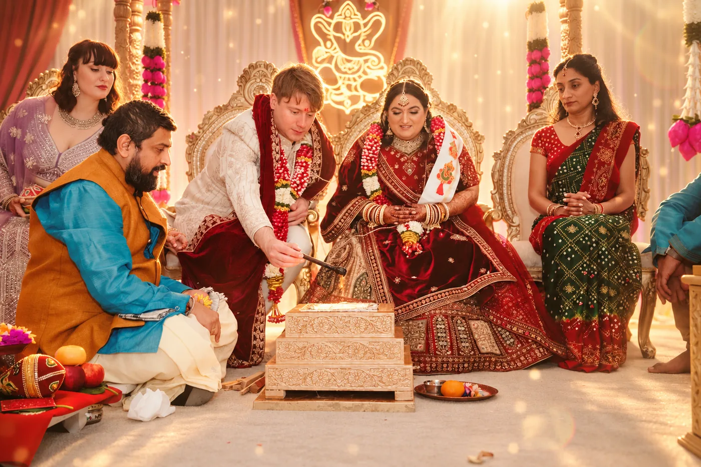 Groom making an offering into the sacred havan fire during a Hindu wedding ceremony in Birmingham