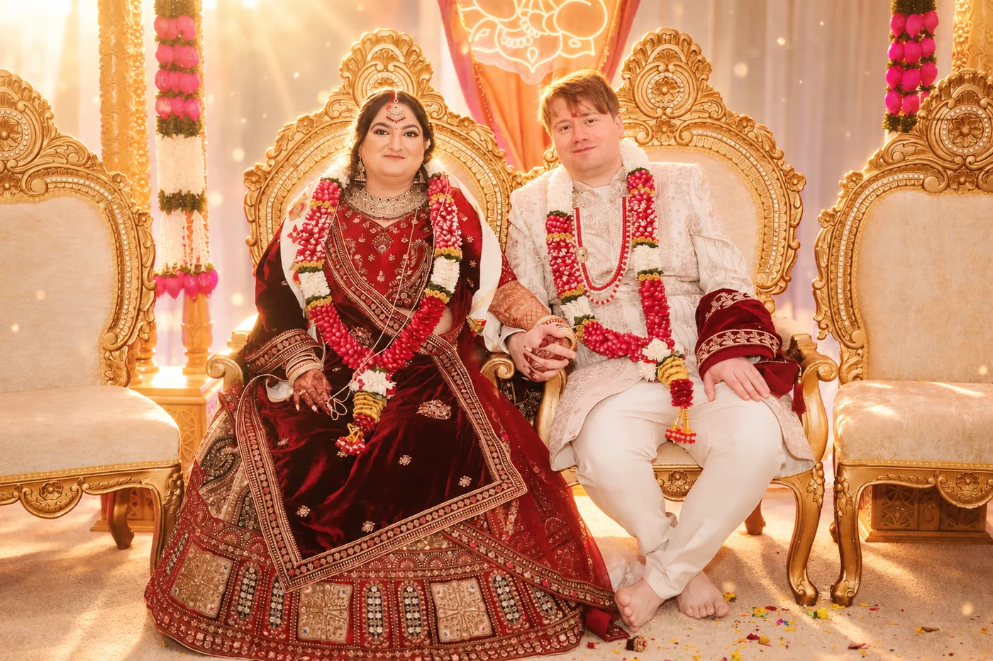 Bride and groom seated on carved gold mandap thrones after a Hindu wedding ceremony in the West Midlands