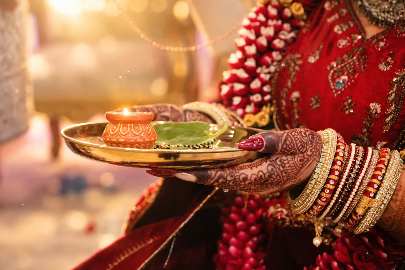 Bride's henna-decorated hands holding a puja thali with a lit diya and mangalsutra at a Hindu wedding