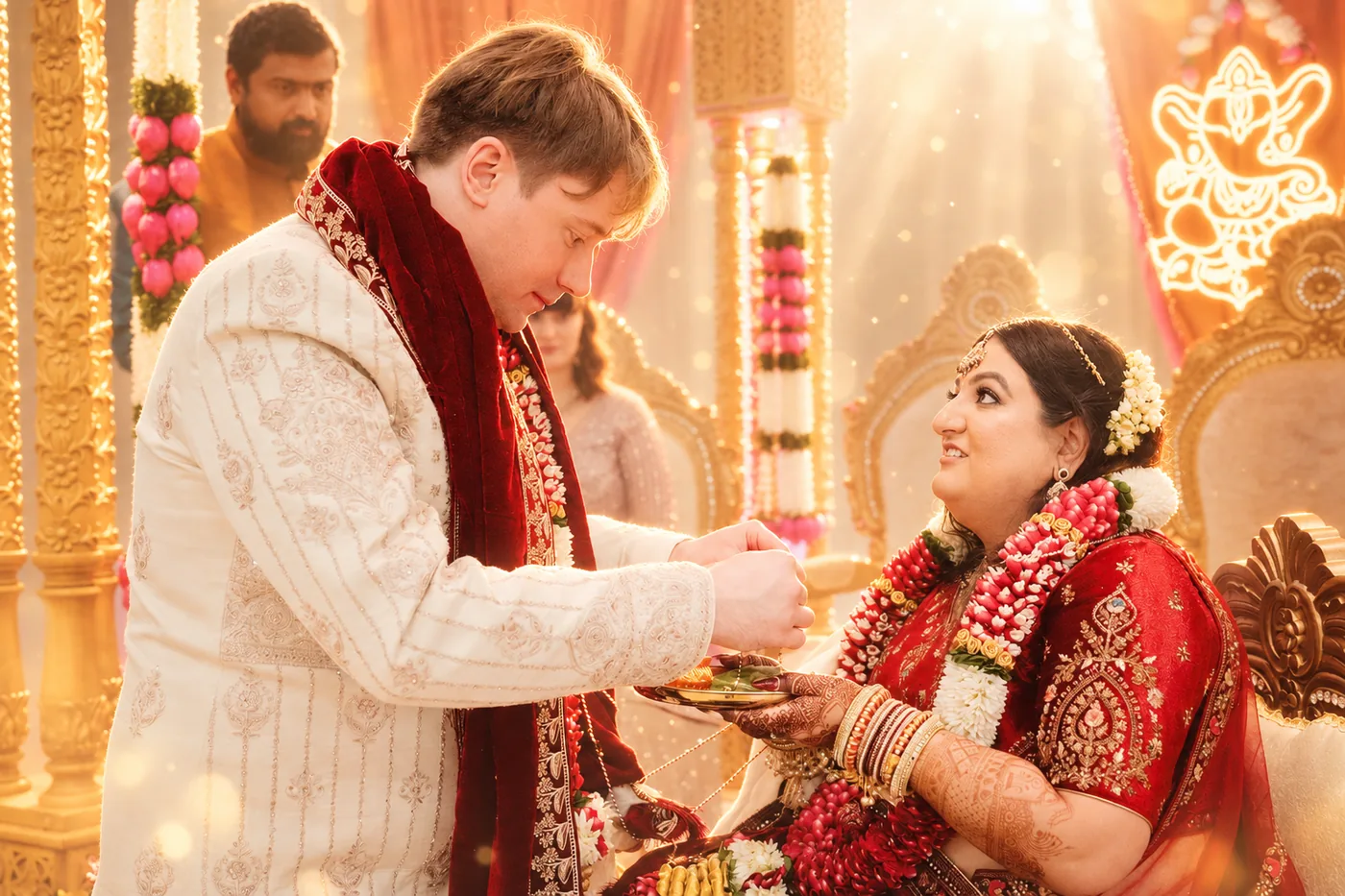 Groom handing a ritual offering to the bride on the mandap during a Hindu wedding ceremony in Birmingham
