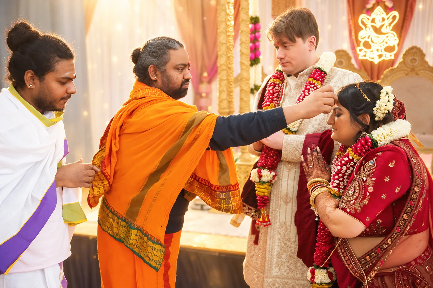 Groom applying sindoor as the Hindu priest guides the ritual at a wedding ceremony near Birmingham