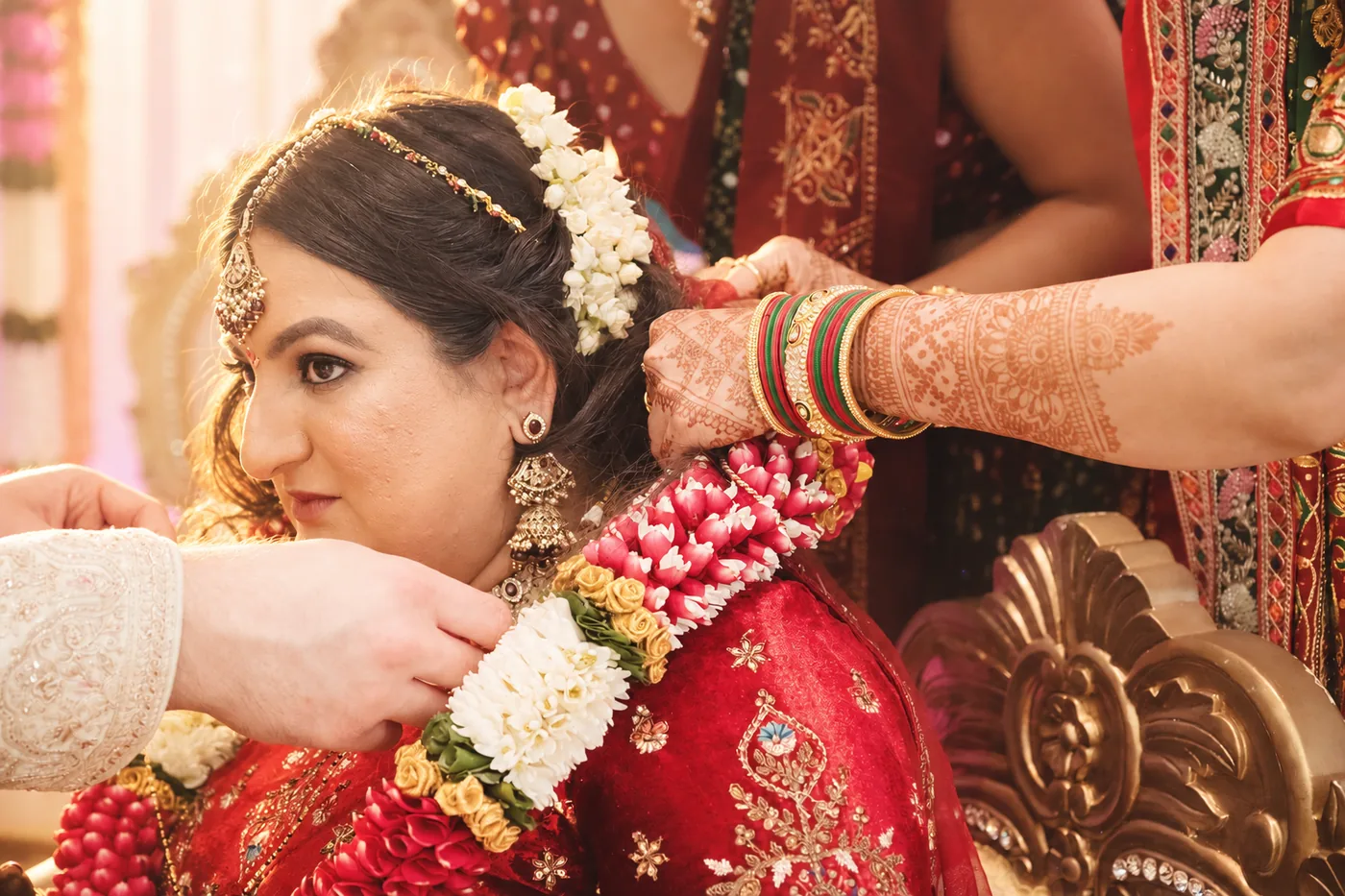 Varmala garland exchange at a Hindu wedding in Birmingham