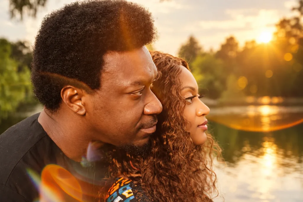 Engaged couple sharing a cinematic golden-hour pre-wedding portrait by the water