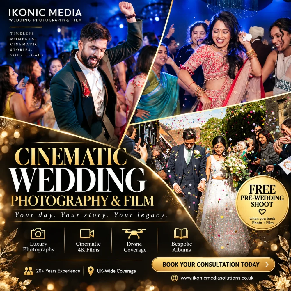 Ikonic Media cinematic wedding photography and film, Birmingham — luxury photography, 4K films, drone coverage and bespoke albums, with a free pre-wedding shoot when you book photo and film
